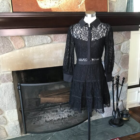 'Alice + Olivia' Collared Button Down Black Lace Dress - Size 10 - Picture 3 of 5